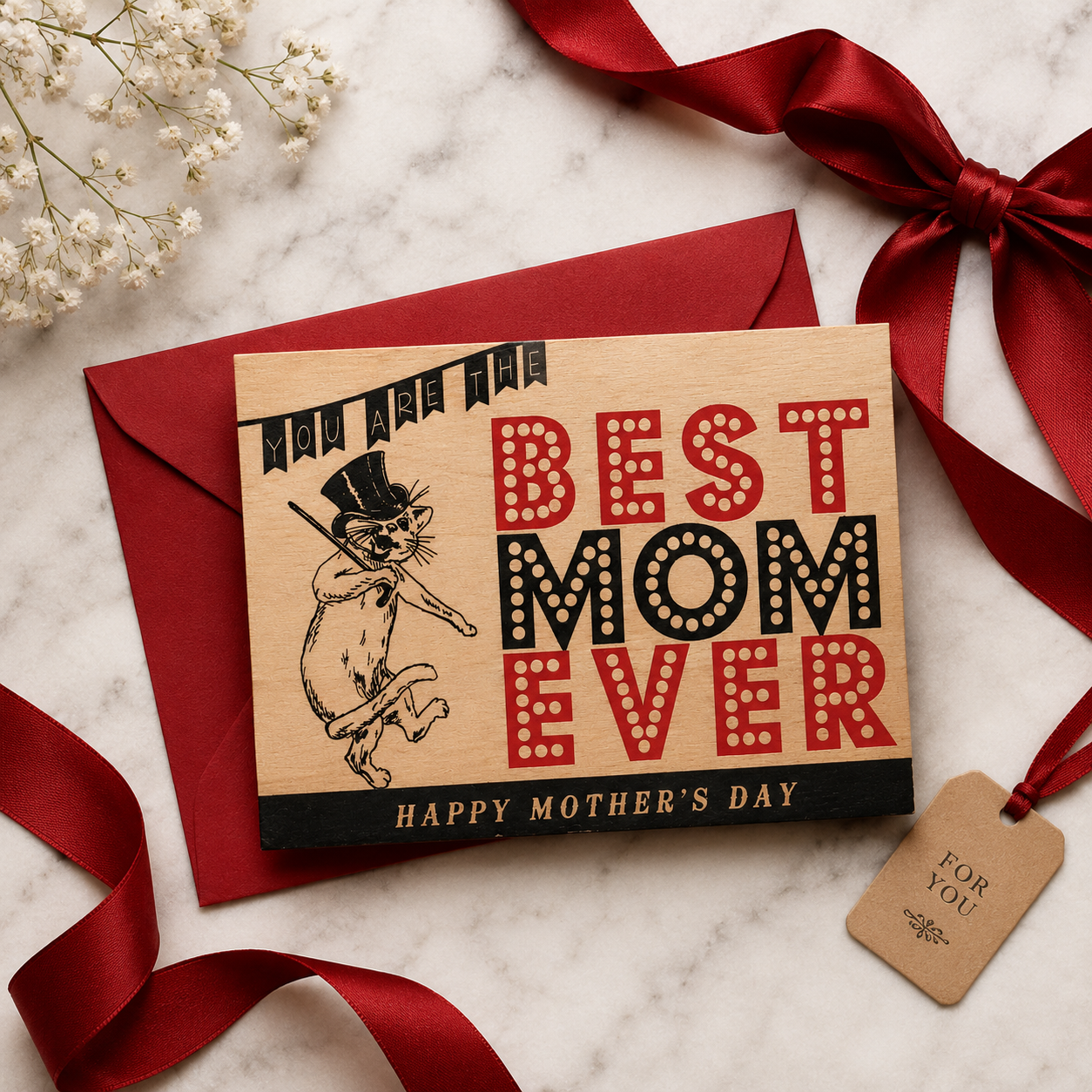 Wood Folding Card - Mother's Day Dancing Cat