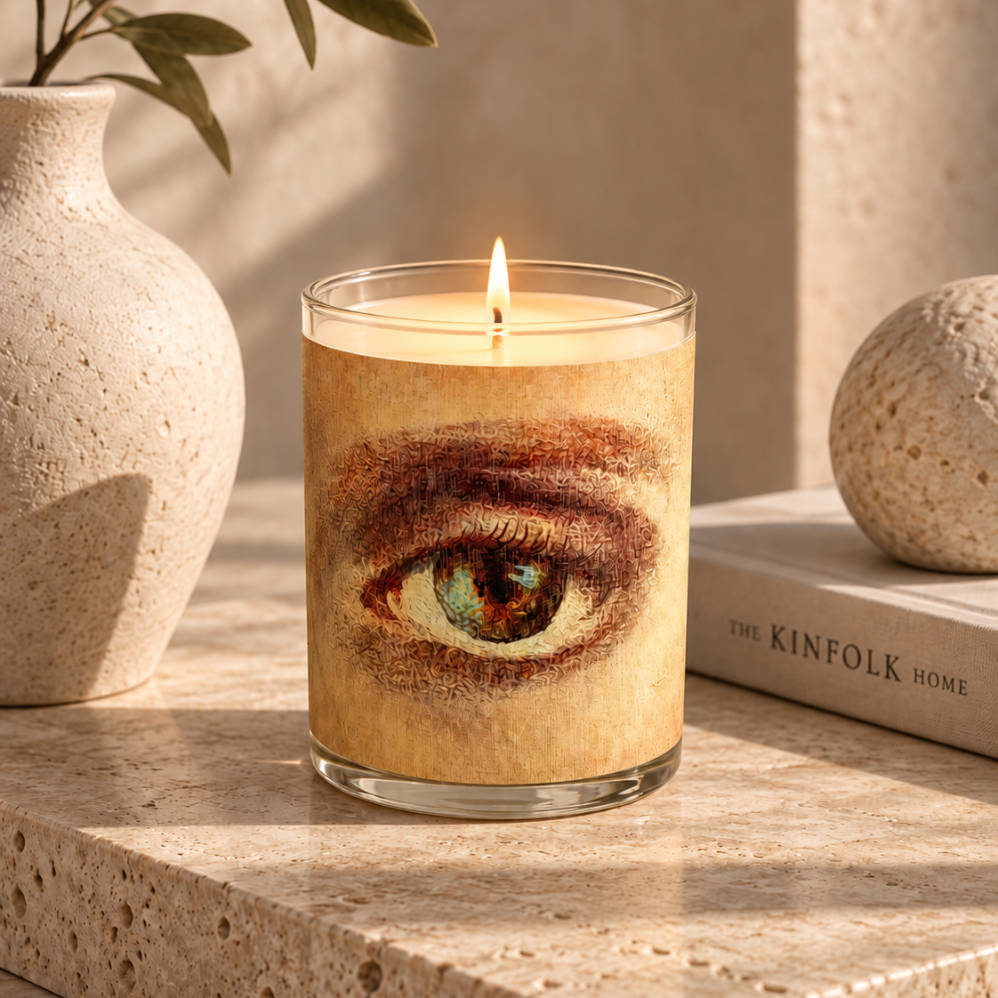 A lit candle in a clear glass jar sits on a stone surface, wrapped in a warm beige label featuring a large illustrated eye. The scene includes a textured vase with leaves, a book, and a stone in a sunlit interior setting.
