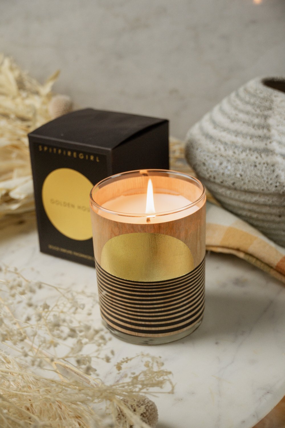 Gold Foil Wood Wrapped Candle Golden Hour