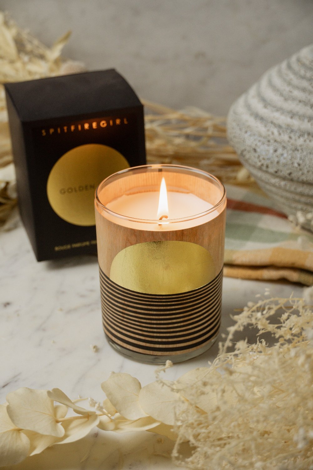 Gold Foil Wood Wrapped Candle Golden Hour