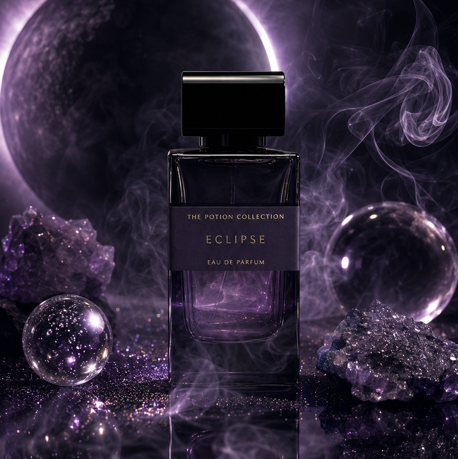 A dark glass perfume bottle labeled 'Eclipse' from The Potion Collection, set against a dramatic cosmic background with a purple eclipse, swirling smoke, and reflective crystal spheres.