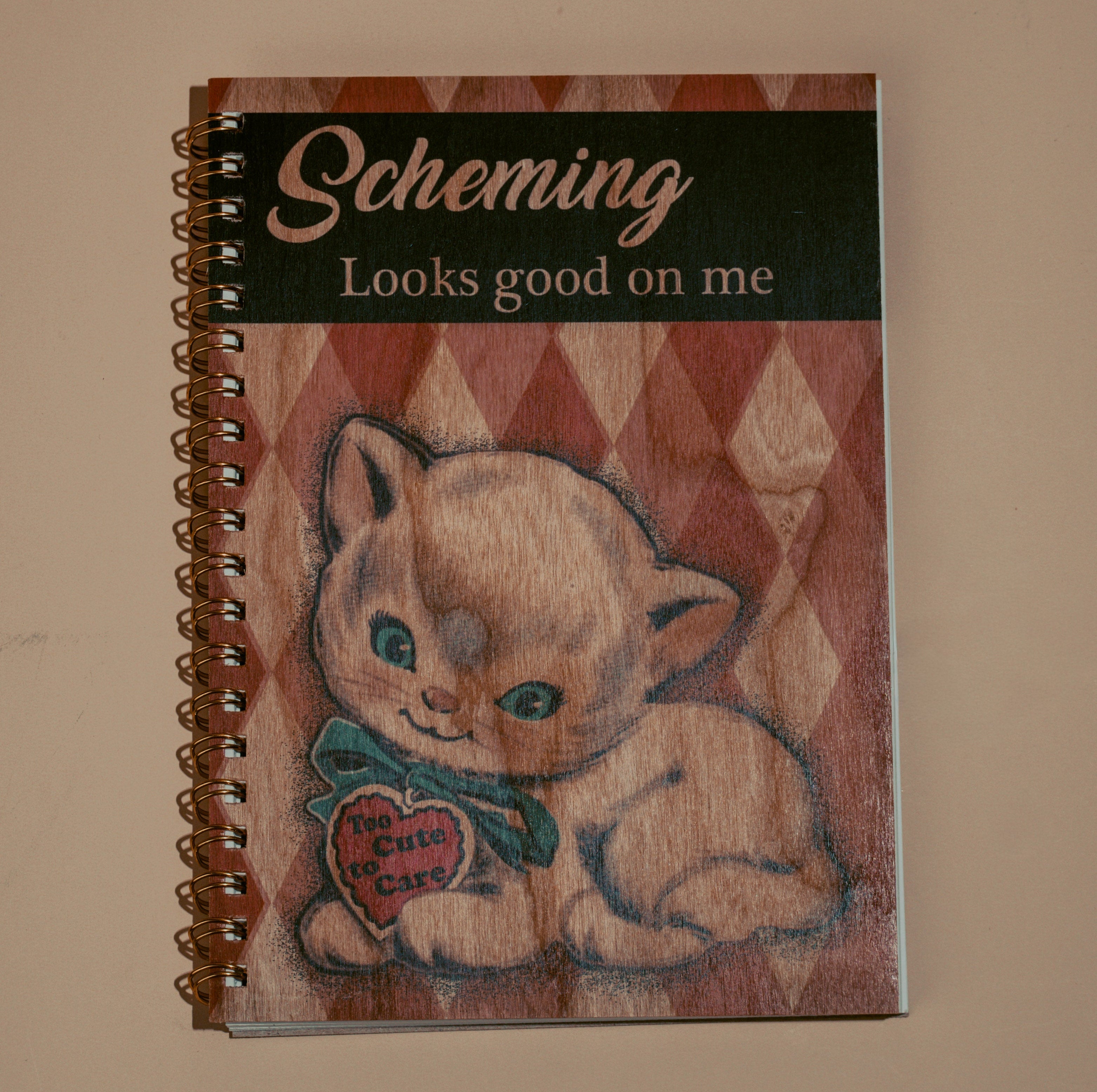 Wood Notebook - Scheming Cat
