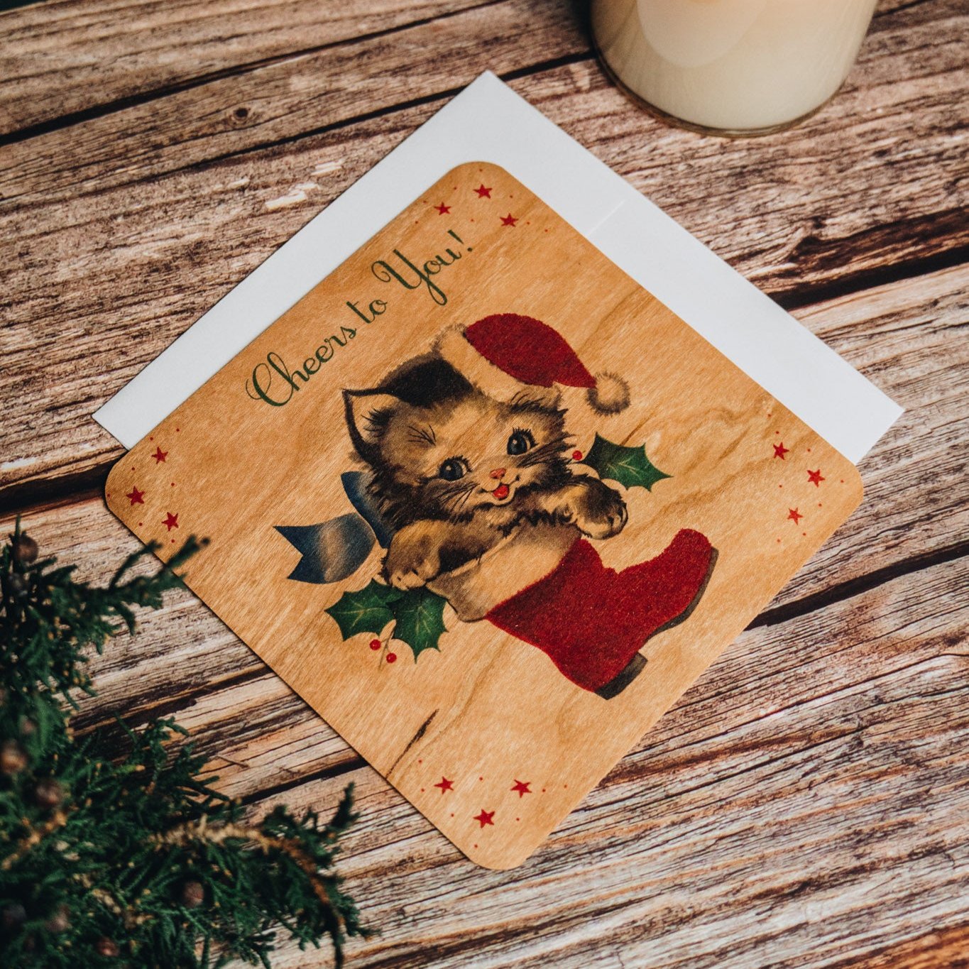 Wood Flat Card - Kitty Stocking