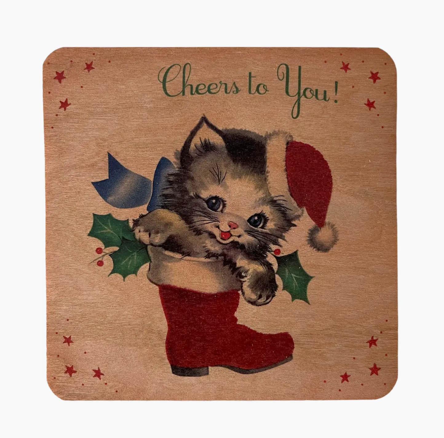 Wood Flat Card - Kitty Stocking