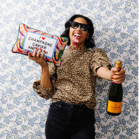 Champagne, Caviar and Cash Needlepoint Pillow