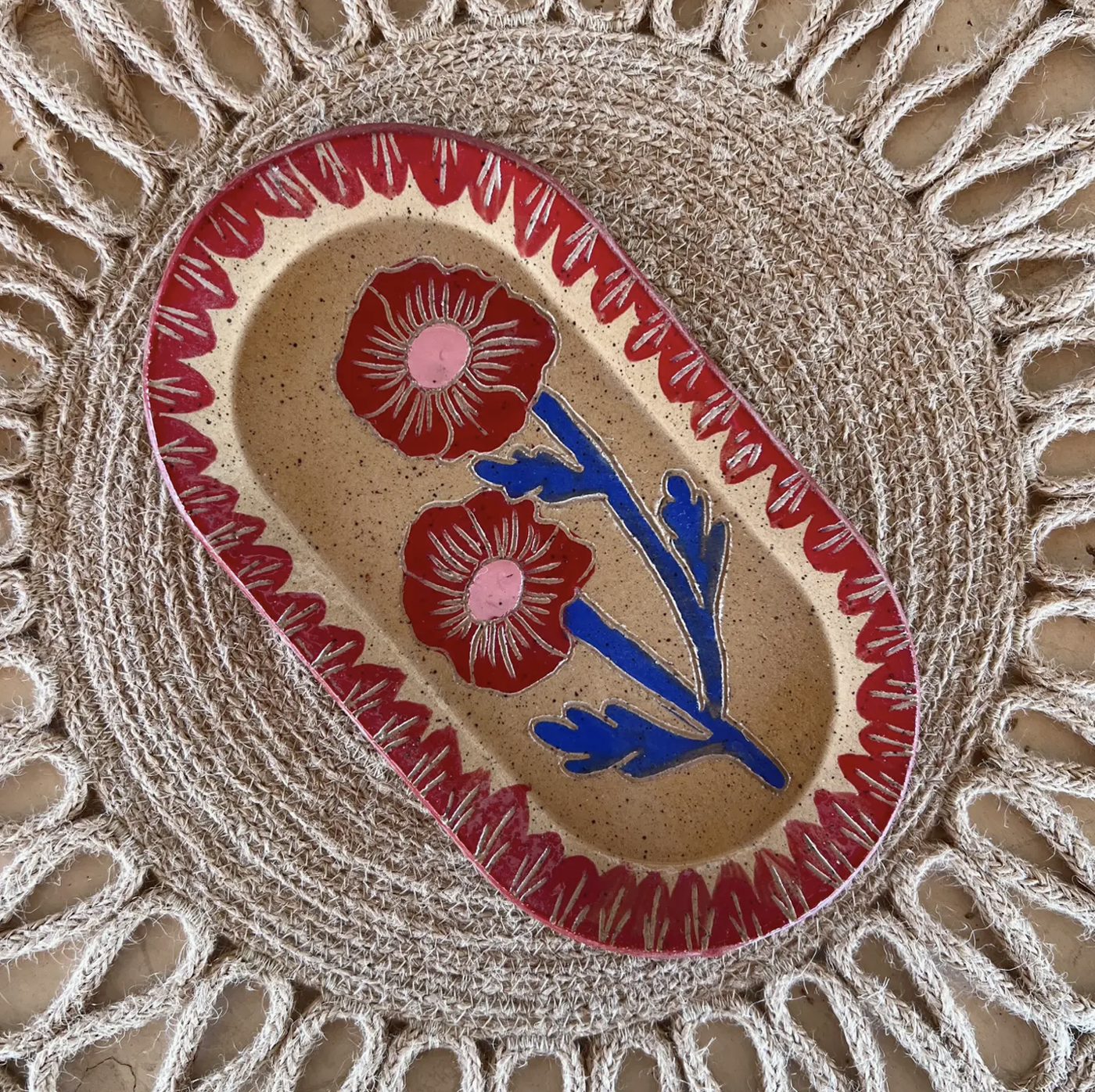 Red & Blue Blossom Sgraffito Dish