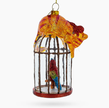 Cat Perched On Parrot Bird Cage Glass Ornament