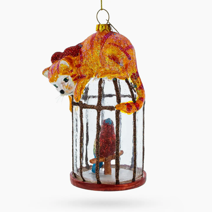 Cat Perched On Parrot Bird Cage Glass Ornament