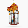 Cat Perched On Parrot Bird Cage Glass Ornament