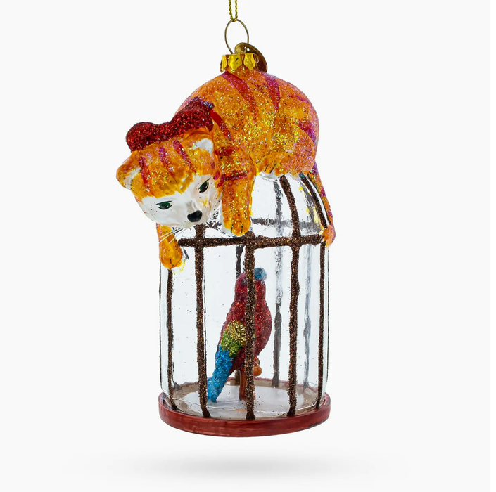 Cat Perched On Parrot Bird Cage Glass Ornament