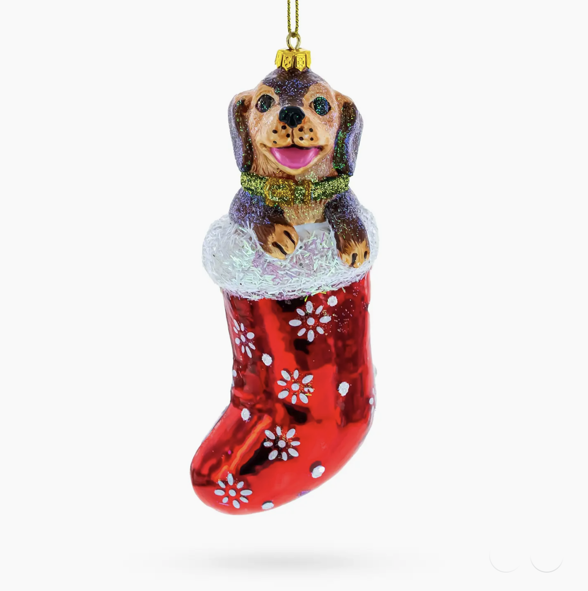 Joyful Puppy in Christmas Stocking Blown Glass Ornament