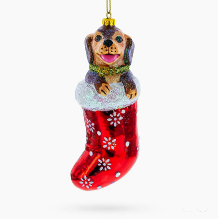 Joyful Puppy in Christmas Stocking Blown Glass Ornament