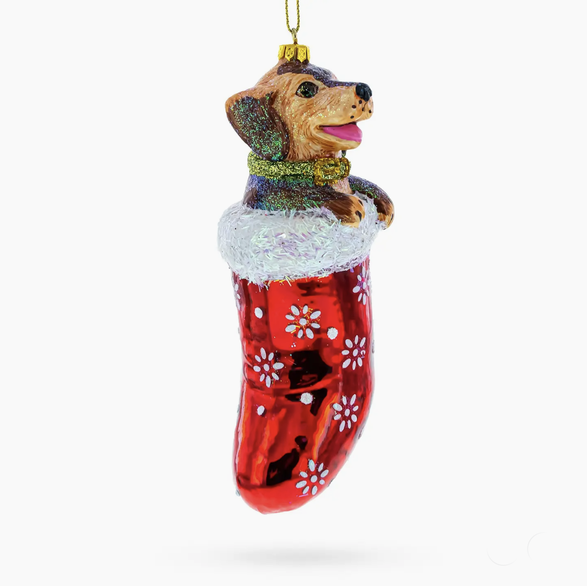 Joyful Puppy in Christmas Stocking Blown Glass Ornament