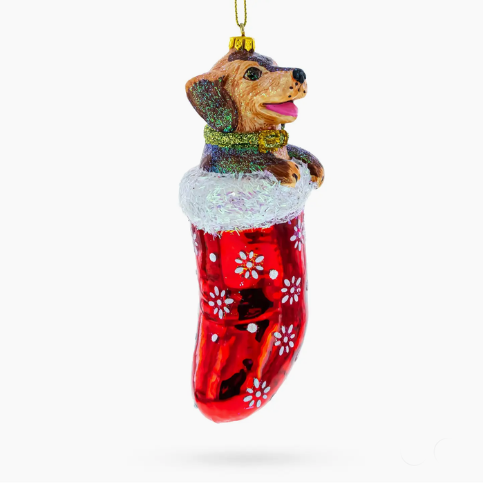 Joyful Puppy in Christmas Stocking Blown Glass Ornament