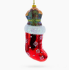 Joyful Puppy in Christmas Stocking Blown Glass Ornament