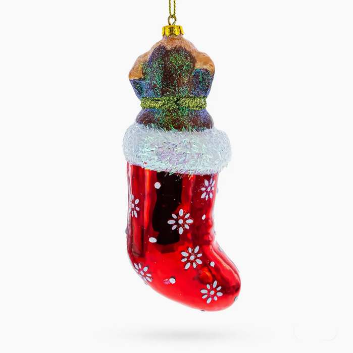 Joyful Puppy in Christmas Stocking Blown Glass Ornament
