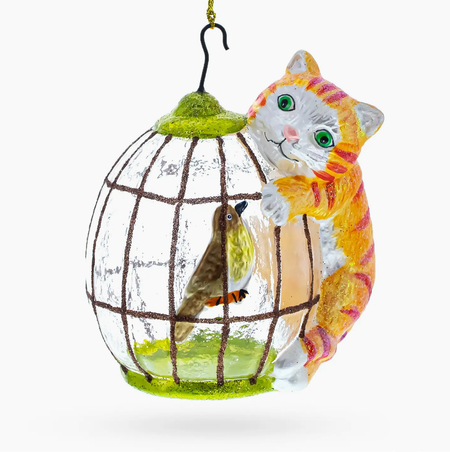 Cat Perched On Bird Cage Unique Glass Ornament