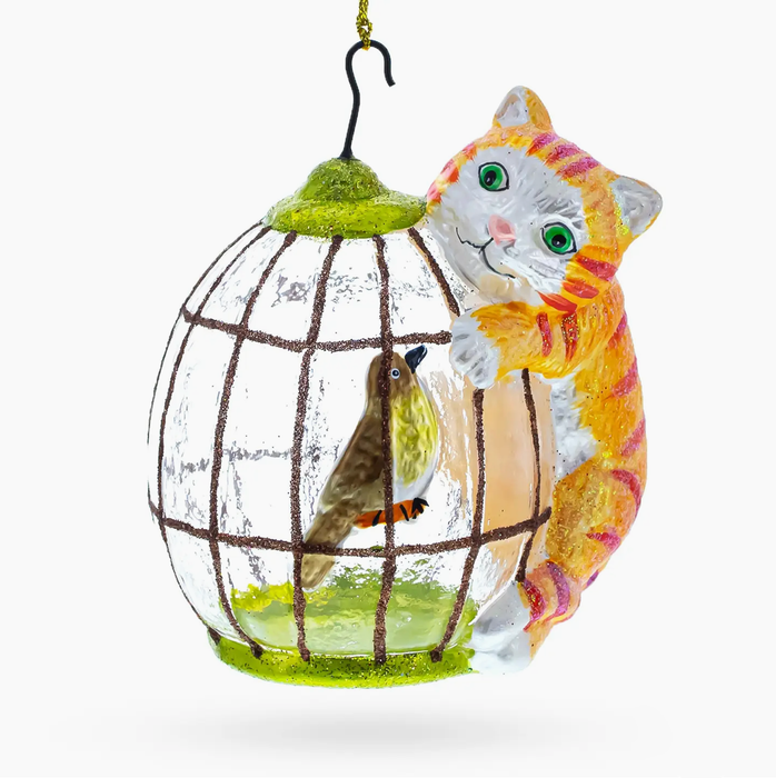 Cat Perched On Bird Cage Unique Glass Ornament