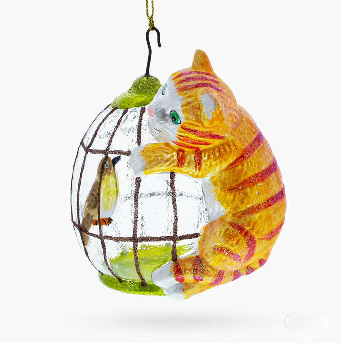 Cat Perched On Bird Cage Unique Glass Ornament