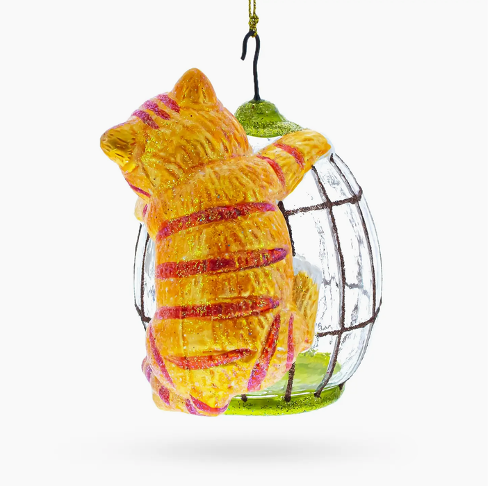 Cat Perched On Bird Cage Unique Glass Ornament