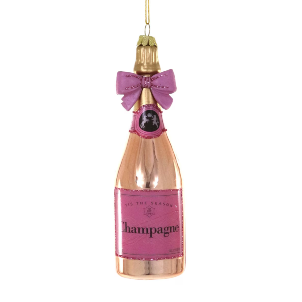 Champagne with Pink Bow Glass Ornament
