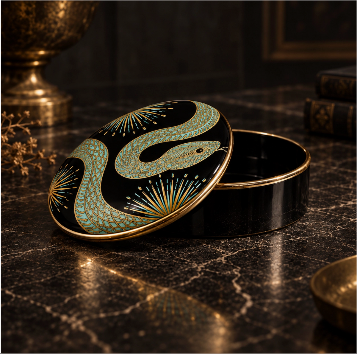 Black porcelain trinket box with intricate turquoise serpent artwork, celestial motifs and 22kt gold accents by Spitfire Girl.