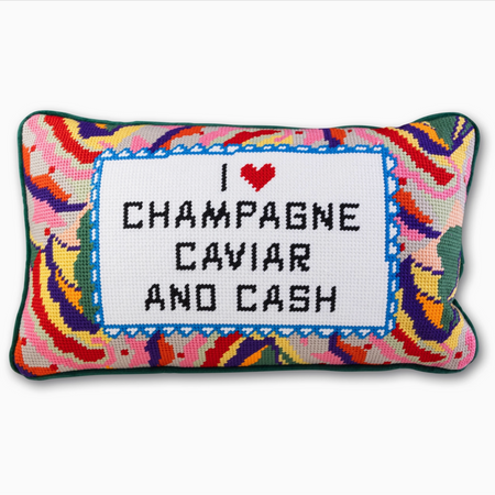 Champagne, Caviar and Cash Needlepoint Pillow