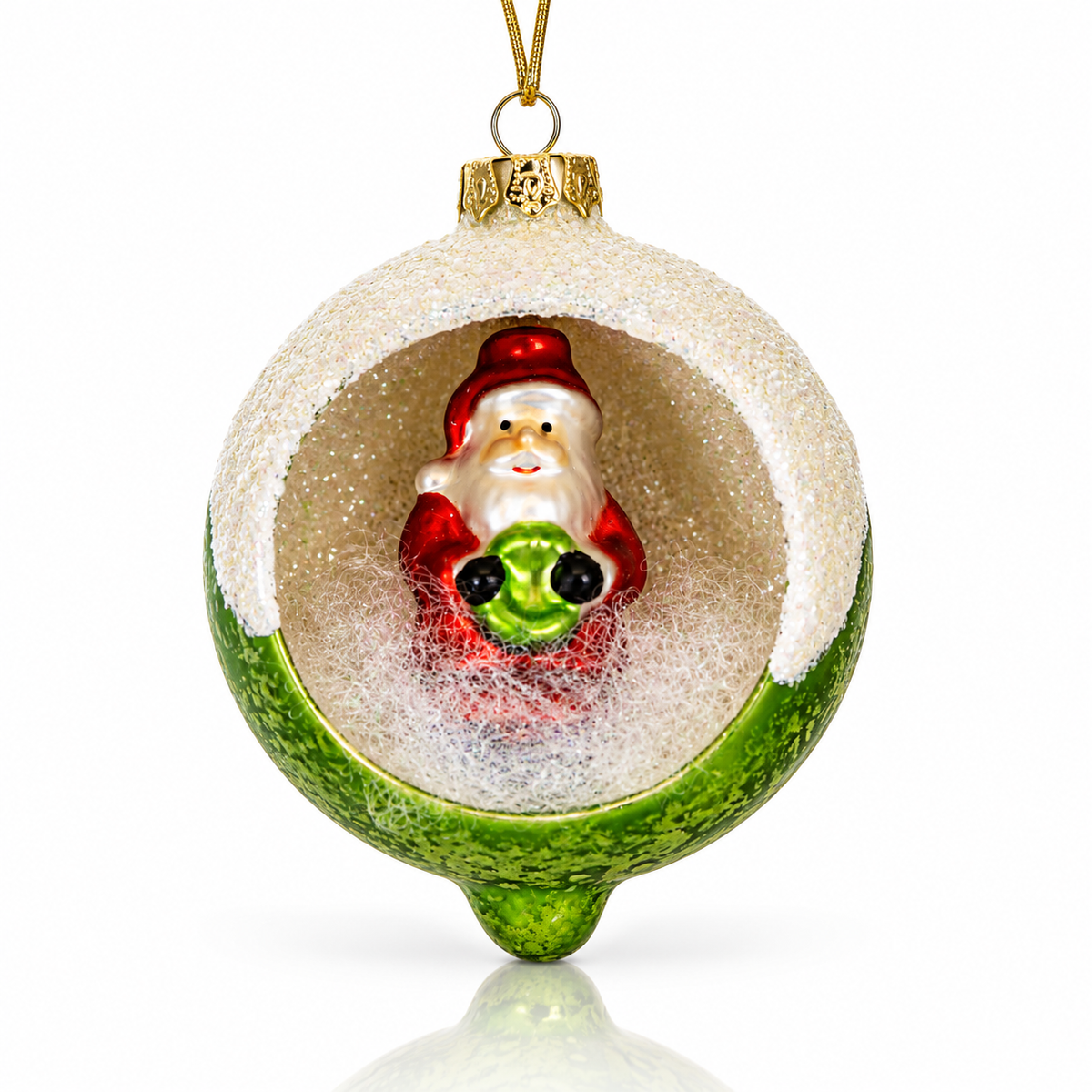 Bethany Lowe Santa in Snowy Green Glass Ornament