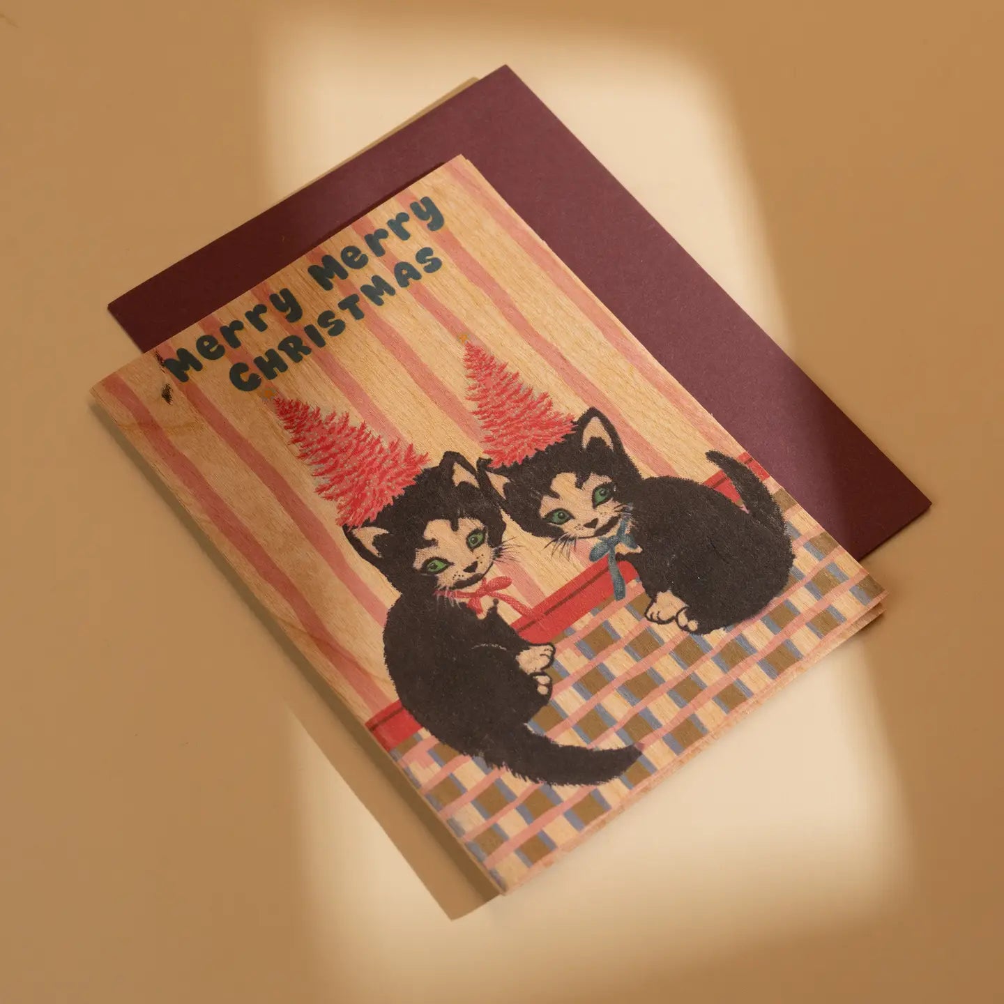 Wood Folding Card Merry Merry Christmas Kittens