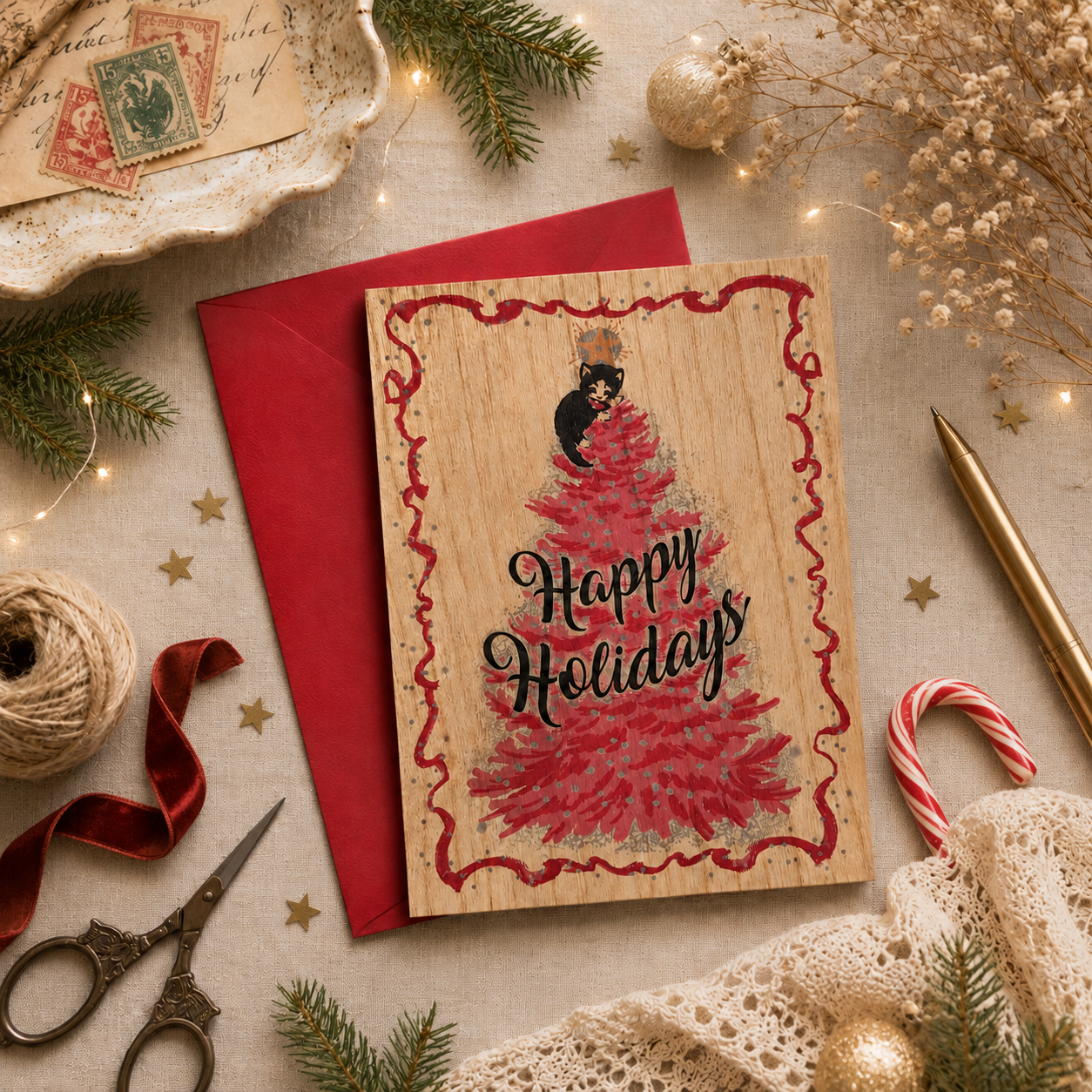 Wood Folding Card Happy Holidays Kitten