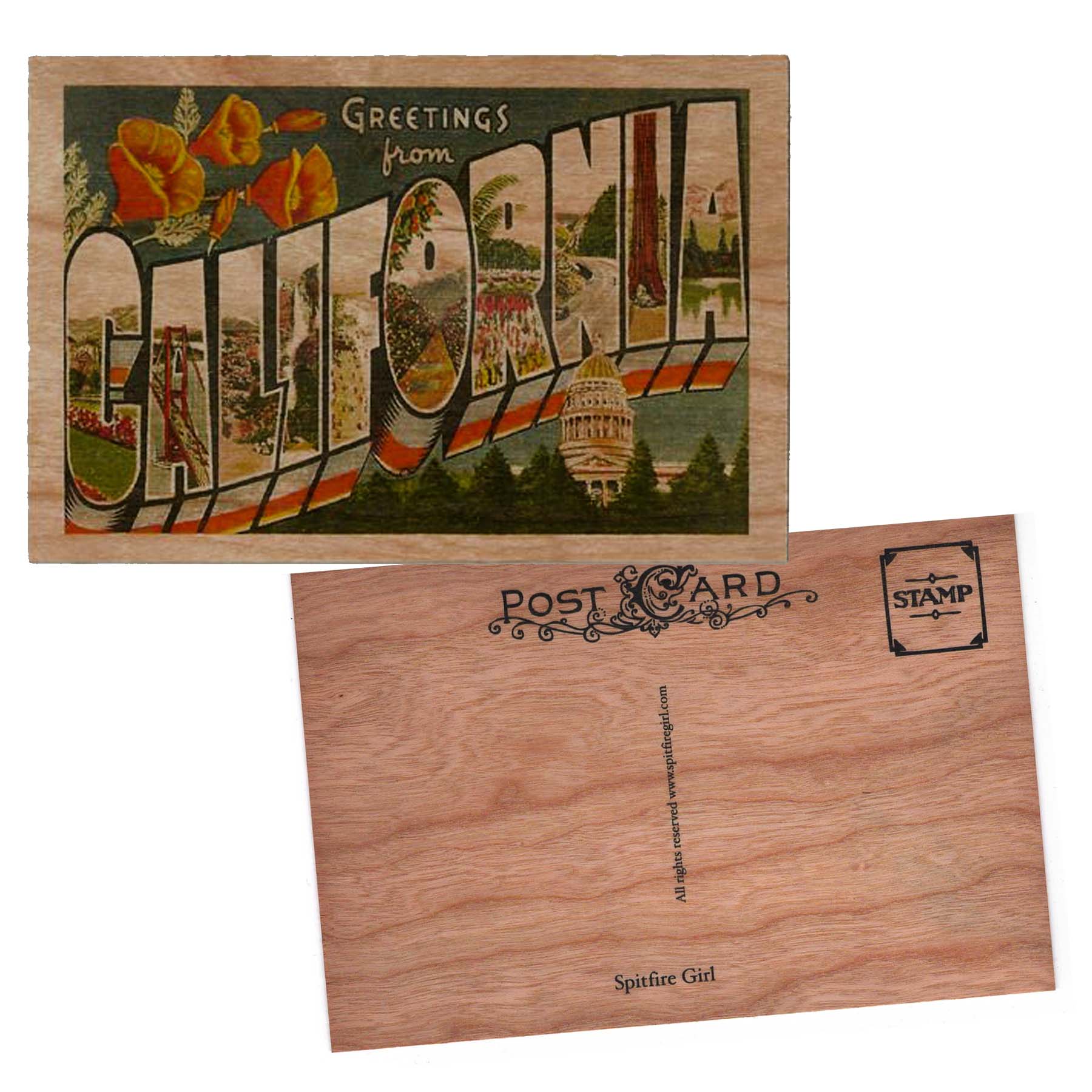 Greetings From california Wood Postcard 