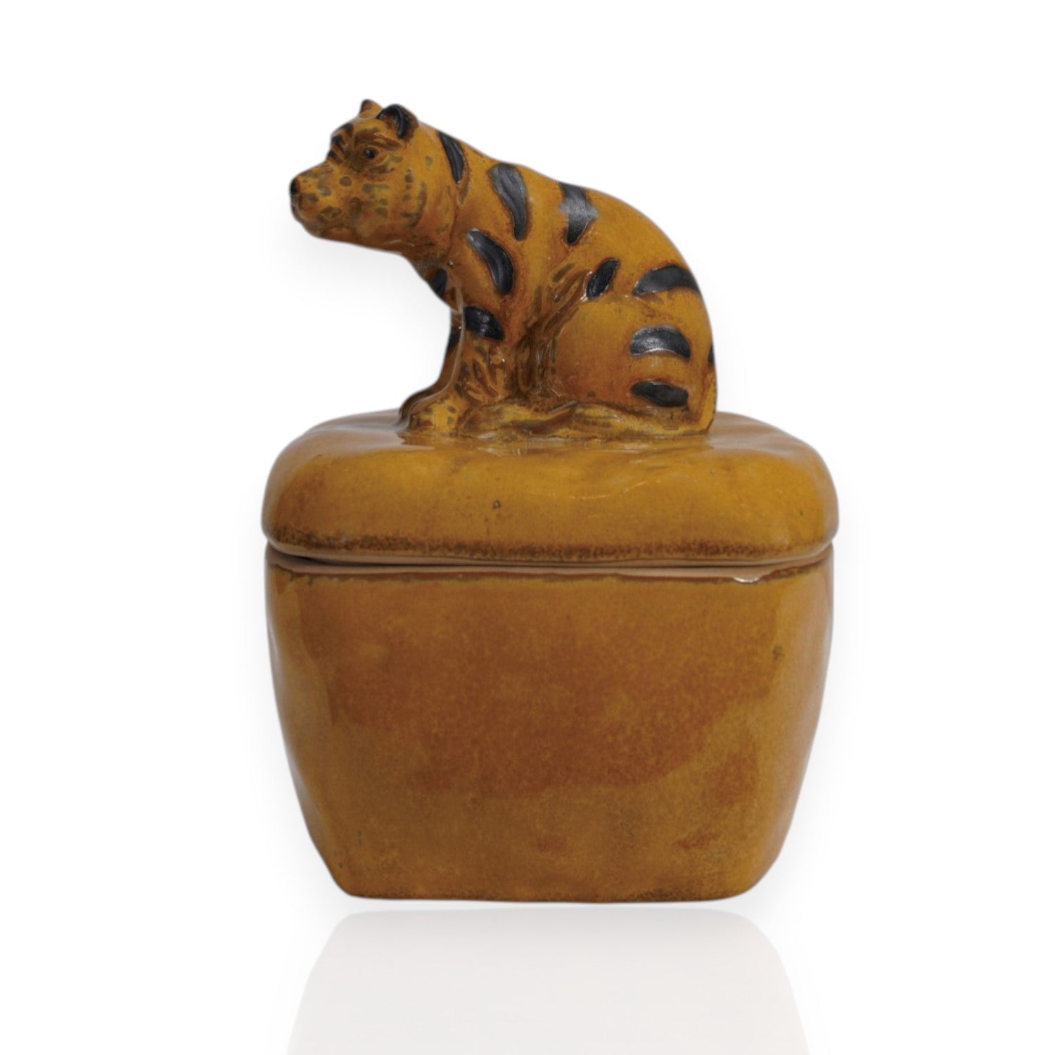 Stoneware Box with Lid & Tiger Shaped Handle