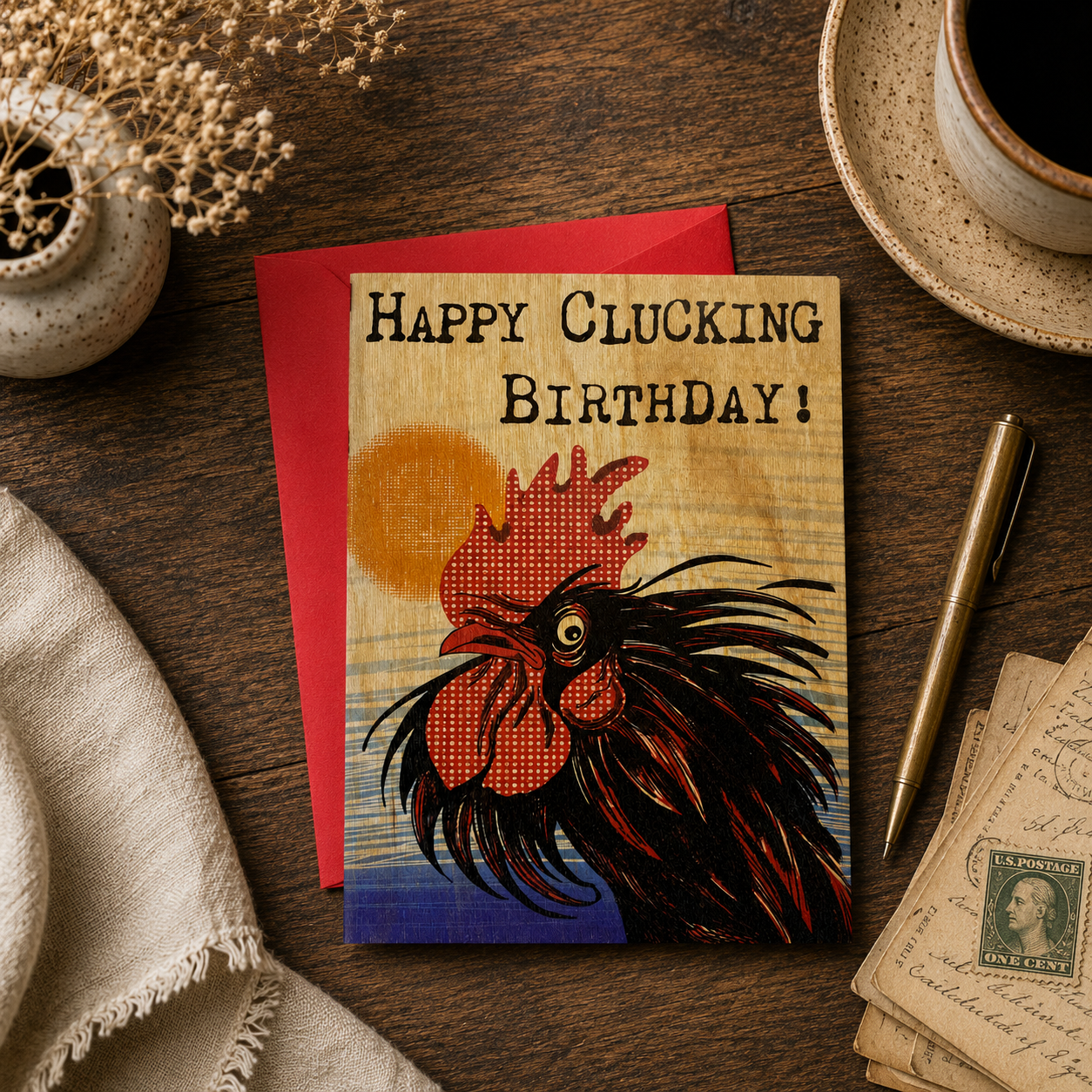 Wood Folding Card - Happy Cluckin' Birthday