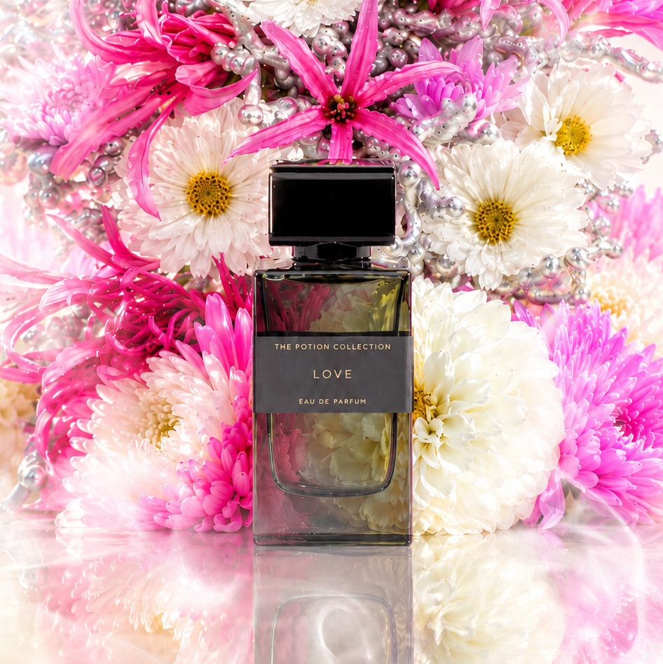 A rectangular perfume bottle labeled 'LOVE' by The Persian Collection, set against a vibrant floral background of pink and white flowers on a reflective white surface.