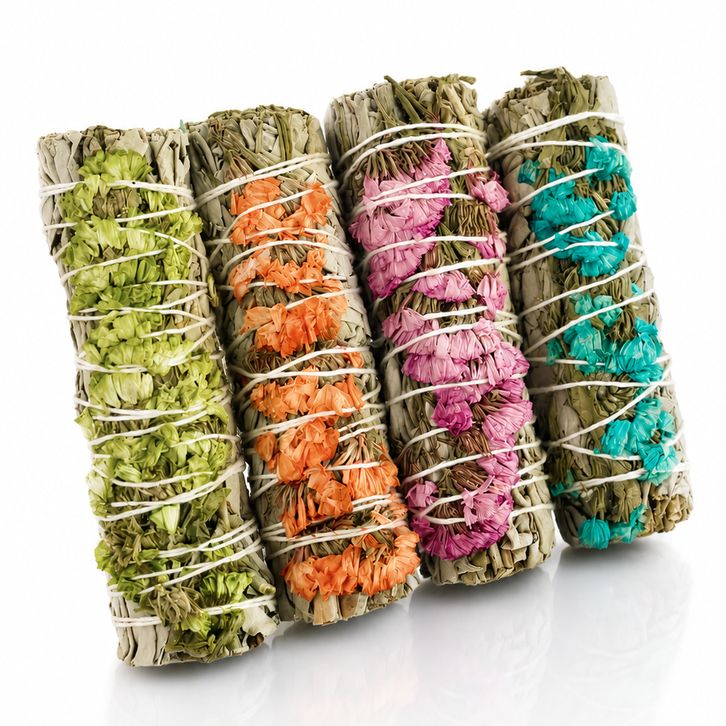 Four dried herb smudge sticks wrapped in white string, arranged side by side on a white reflective surface. The bundles contain green, orange, pink, and turquoise herbs.