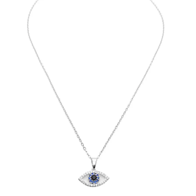 Blue Evil Eye Necklace in Silver