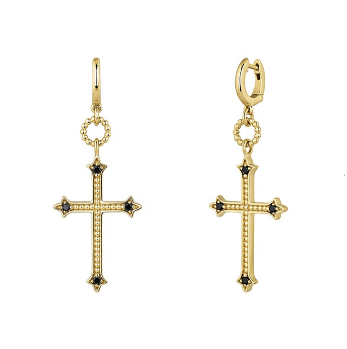 Gothic Cross Gold Huggie Earrings