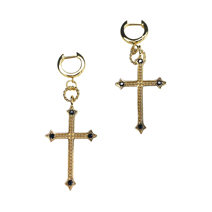 Gothic Cross Gold Huggie Earrings