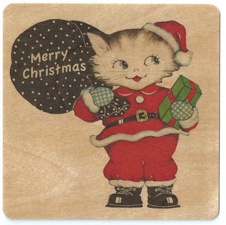 Holiday wood card Kitty Santa