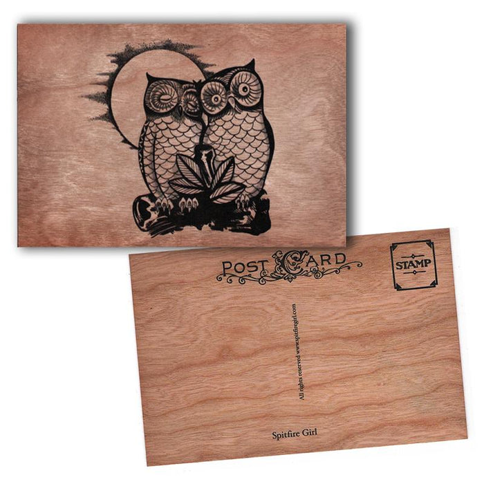 two owls wood postcard 